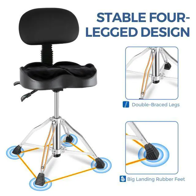 Alt view image 5 of 7 - Drum Throne Hydraulic Drum Thrones with Backrest Height Adjustable Airlift Drummer Stool 4 Leg Heavy Duty Drums Seat with Thick Padded Drums Stool for Drummers,Guitar Players (Black)