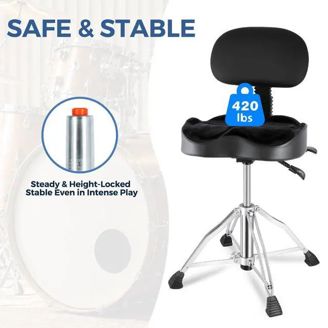 Alt view image 6 of 7 - Drum Throne Hydraulic Drum Thrones with Backrest Height Adjustable Airlift Drummer Stool 4 Leg Heavy Duty Drums Seat with Thick Padded Drums Stool for Drummers,Guitar Players (Black)