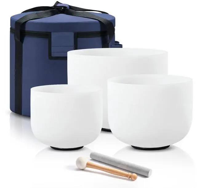 Main image of 440HZ Crystal Singing Bowls Set of 3, 8''-12'' Frosted Quartz | 8'' A Third-Eye, 10'' F Heart, 12'' C Root, Carry Bags and Mallet Included