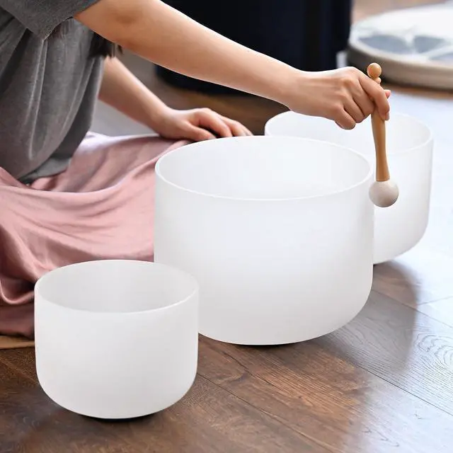 Alt view image 2 of 6 - 440HZ Crystal Singing Bowls Set of 3, 8''-12'' Frosted Quartz | 8'' A Third-Eye, 10'' F Heart, 12'' C Root, Carry Bags and Mallet Included