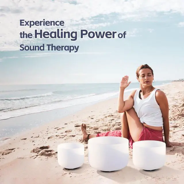 Alt view image 3 of 6 - 440HZ Crystal Singing Bowls Set of 3, 8''-12'' Frosted Quartz | 8'' A Third-Eye, 10'' F Heart, 12'' C Root, Carry Bags and Mallet Included