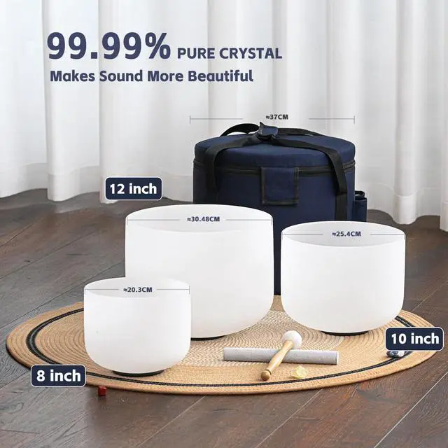 Alt view image 4 of 6 - 440HZ Crystal Singing Bowls Set of 3, 8''-12'' Frosted Quartz | 8'' A Third-Eye, 10'' F Heart, 12'' C Root, Carry Bags and Mallet Included