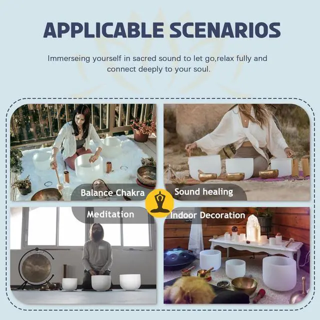 Alt view image 5 of 6 - 440HZ Crystal Singing Bowls Set of 3, 8''-12'' Frosted Quartz | 8'' A Third-Eye, 10'' F Heart, 12'' C Root, Carry Bags and Mallet Included