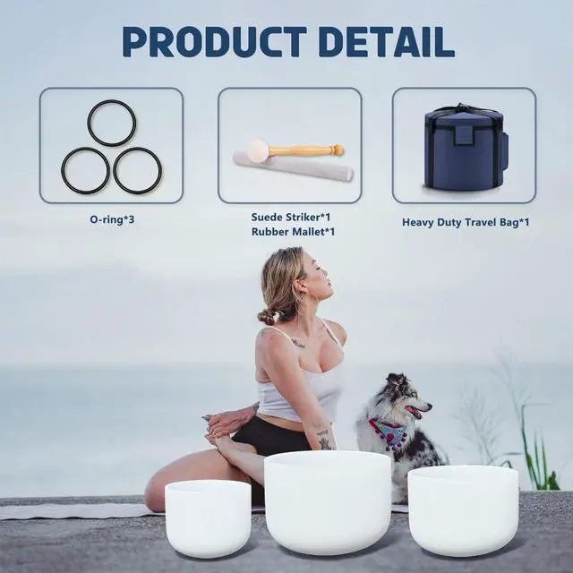 Alt view image 6 of 6 - 440HZ Crystal Singing Bowls Set of 3, 8''-12'' Frosted Quartz | 8'' A Third-Eye, 10'' F Heart, 12'' C Root, Carry Bags and Mallet Included