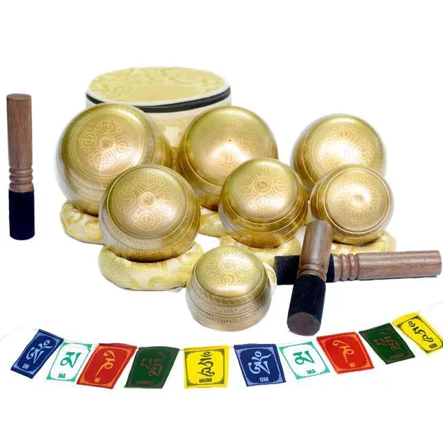 Alt view image 3 of 5 - Tibetan Singing Bowl Set of 7 Himalayan Bowl Vajra Engraved Chakra bowl Authentic 7 metals Handmade in Nepal for Yoga, Chakra healing, Deep Relaxation Mindfulness