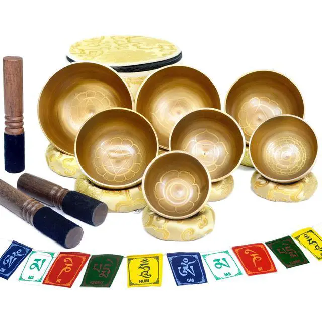 Alt view image 2 of 5 - Tibetan Singing Bowl Set of 7 Himalayan Bowl Vajra Engraved Chakra bowl Authentic 7 metals Handmade in Nepal for Yoga, Chakra healing, Deep Relaxation Mindfulness