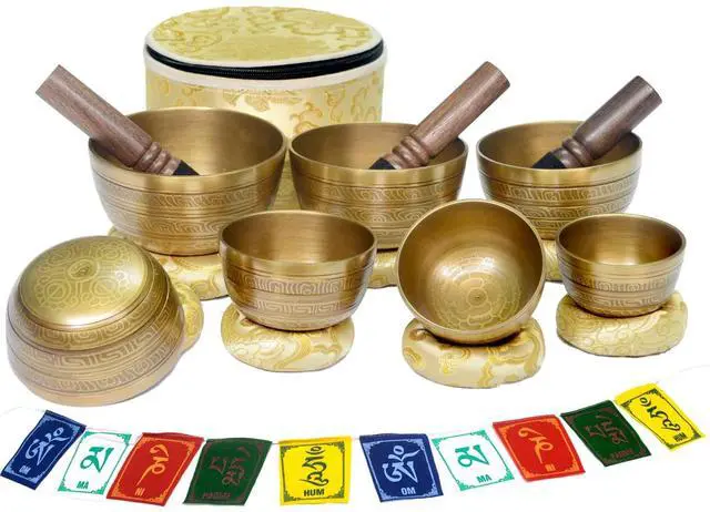 Main image of Tibetan Singing Bowl Set of 7 Himalayan Bowl Vajra Engraved Chakra bowl Authentic 7 metals Handmade in Nepal for Yoga, Chakra healing, Deep Relaxation Mindfulness