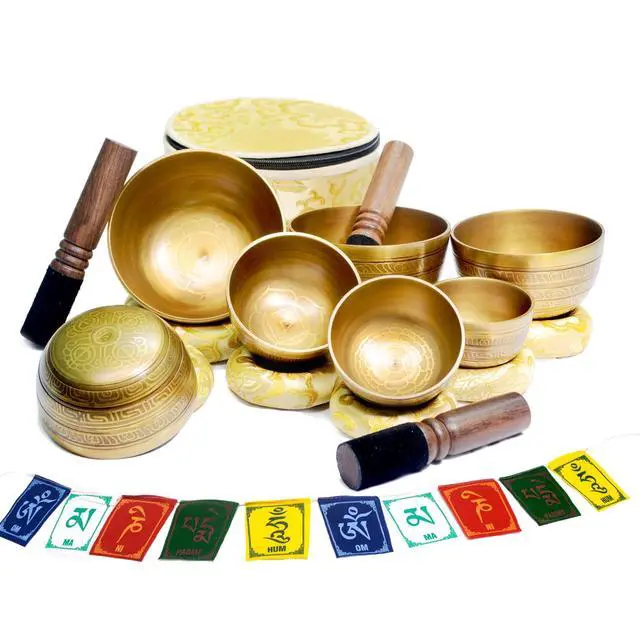 Alt view image 4 of 5 - Tibetan Singing Bowl Set of 7 Himalayan Bowl Vajra Engraved Chakra bowl Authentic 7 metals Handmade in Nepal for Yoga, Chakra healing, Deep Relaxation Mindfulness