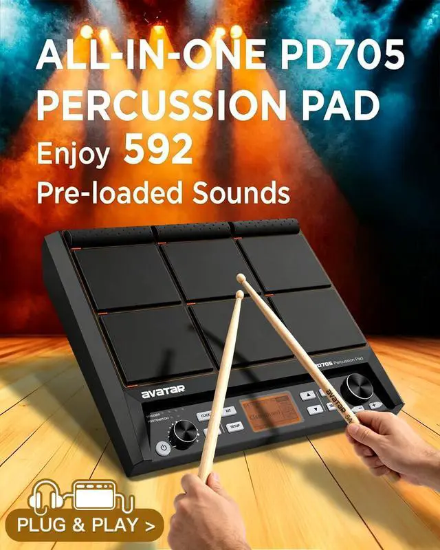 Alt view image 2 of 6 - PD705 Percussion Sample Multipad, Electric Drum Pad for Drummers | With 9 Velocity Sensitive Pads, 592 Sounds, Built-in Effecter, Looper, Support USB/MIDI In Out/AUX, 8 External Trigger Inputs