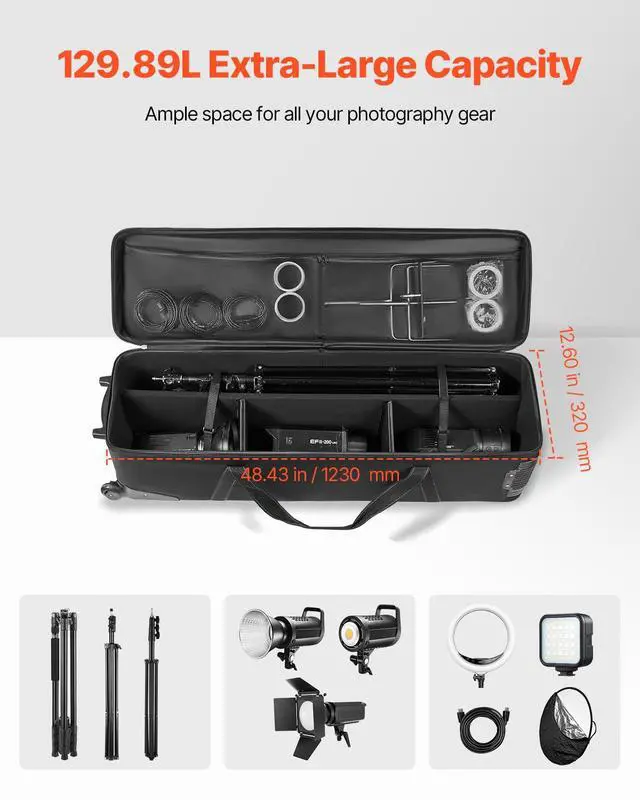 Alt view image 2 of 7 - Studio Equipment Trolley Case, 51.57 x 14.37 x 14.96 in / 131 x 36.5 x 38 cm, Rolling Camera Bag, Carrying Bag with Wheels Straps Padded Compartment Handle, for Light Stands, Tripods, Telescopes