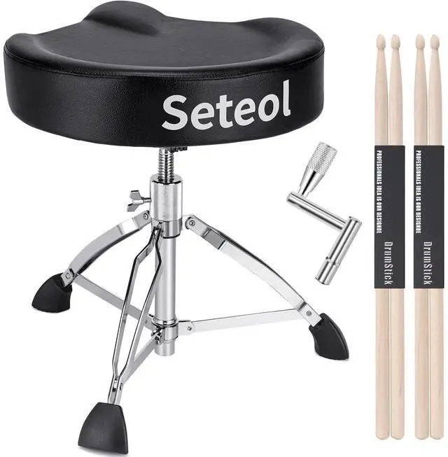 Main image of Heavy Duty Drum Throne 330 lbs, Saddle Drum Stool Height Adjustable | Ergonomic 4 inch Thick Padded Drum Seat with 2 Pairs 5A Drumsticks & Drum Key for Adult Drummers