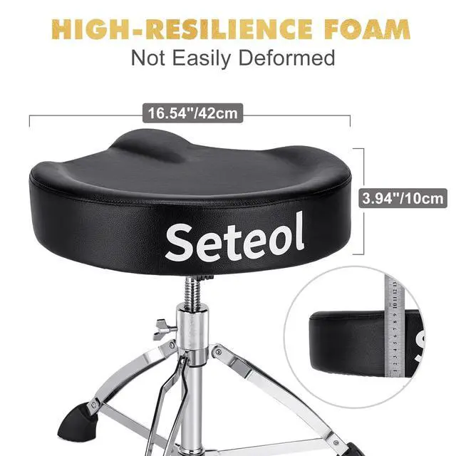 Alt view image 4 of 7 - Heavy Duty Drum Throne 330 lbs, Saddle Drum Stool Height Adjustable | Ergonomic 4 inch Thick Padded Drum Seat with 2 Pairs 5A Drumsticks & Drum Key for Adult Drummers