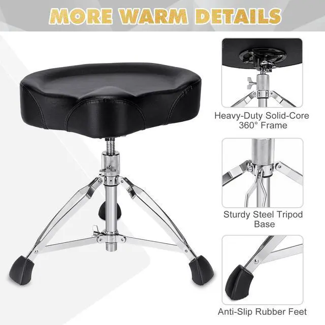 Alt view image 5 of 7 - Heavy Duty Drum Throne 330 lbs, Saddle Drum Stool Height Adjustable | Ergonomic 4 inch Thick Padded Drum Seat with 2 Pairs 5A Drumsticks & Drum Key for Adult Drummers