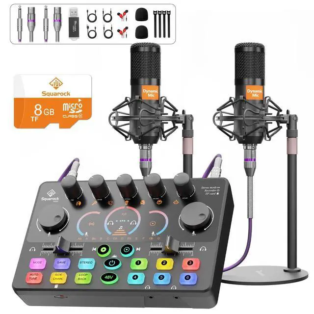 Main image of Podcast Equipment Bundle for 2, Audio Mixer with 8GB Memory Card and Dynamic Mics,RGB,Built-in Recorder, Customize Button, Stereo for Vocal Recording Podcasting,Streaming Camera, PC, Phone.(RS2i2)