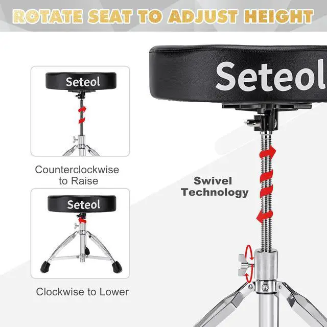 Alt view image 6 of 7 - Heavy Duty Drum Throne 330 lbs, Saddle Drum Stool Height Adjustable | Ergonomic 4 inch Thick Padded Drum Seat with 2 Pairs 5A Drumsticks & Drum Key for Adult Drummers