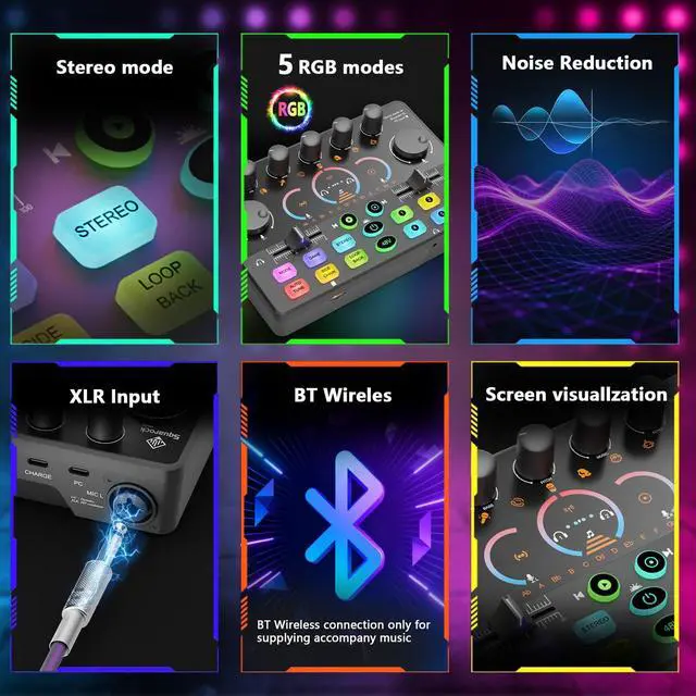 Alt view image 4 of 7 - Podcast Equipment Bundle for 2, Audio Mixer with 8GB Memory Card and Dynamic Mics,RGB,Built-in Recorder, Customize Button, Stereo for Vocal Recording Podcasting,Streaming Camera, PC, Phone.(RS2i2)