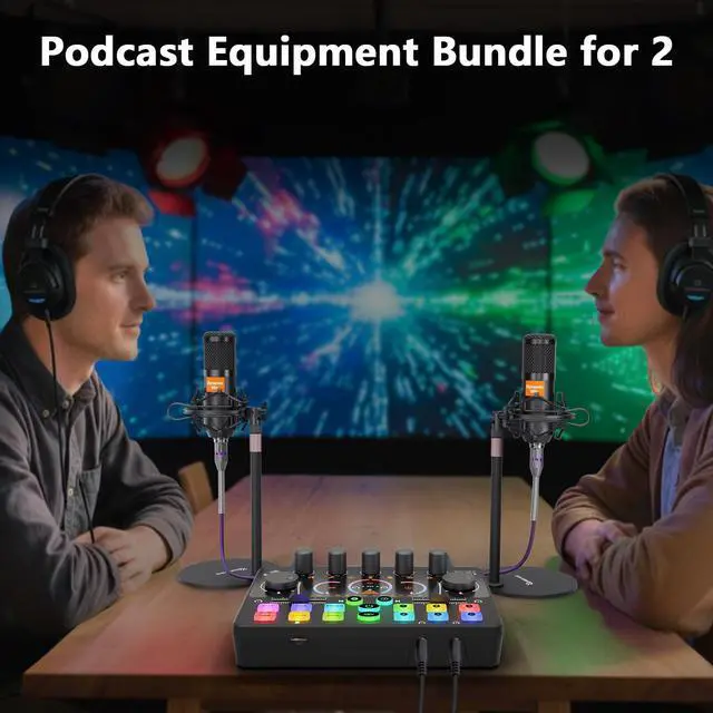 Alt view image 5 of 7 - Podcast Equipment Bundle for 2, Audio Mixer with 8GB Memory Card and Dynamic Mics,RGB,Built-in Recorder, Customize Button, Stereo for Vocal Recording Podcasting,Streaming Camera, PC, Phone.(RS2i2)