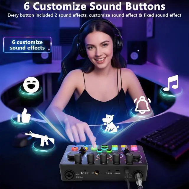Alt view image 6 of 7 - Podcast Equipment Bundle for 2, Audio Mixer with 8GB Memory Card and Dynamic Mics,RGB,Built-in Recorder, Customize Button, Stereo for Vocal Recording Podcasting,Streaming Camera, PC, Phone.(RS2i2)