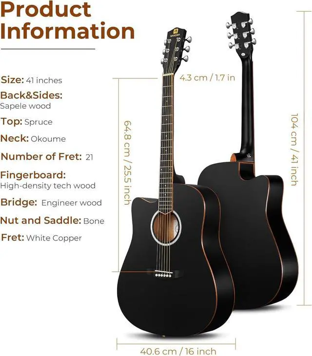 Alt view image 7 of 7 - Left Handed Guitar, Full Size Cutaway Left Handed Acoustic Guitar Kit for Adult Beginner 41 Inch Lefty Acustica Guitarra Set, Black