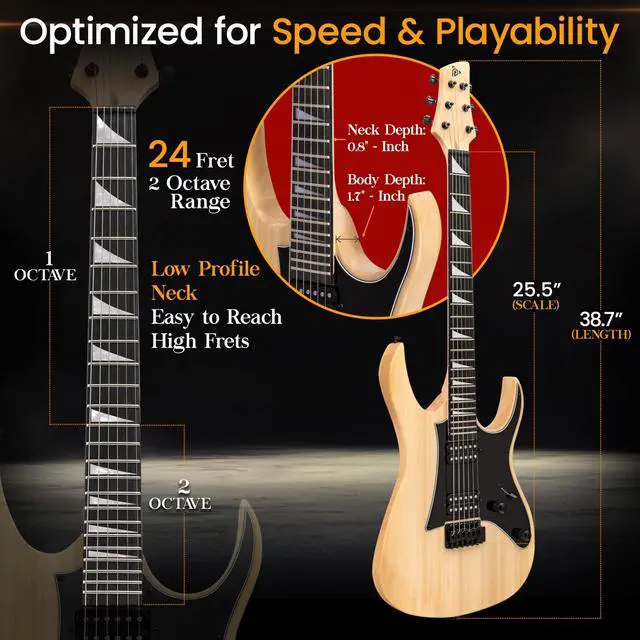 Alt view image 2 of 7 - Prog Rock EG Series Electric Guitar with Amp Kit, 39" Full Size with Dual Humbucker Pickups, Low Profile Neck and Solid Paulownia Body, Premium Accessory Kit Included (Prog Rock, Natural)