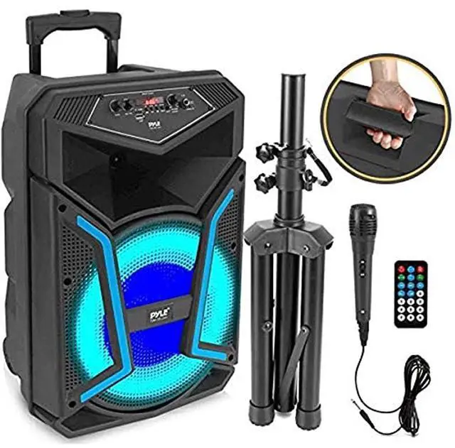 Main image of Portable Bluetooth PA Speaker System-800W Outdoor Bluetooth Speaker Portable PA System w/Microphone in, Party Lights, MP3/USB SD Card Reader, FM Radio, Rolling Wheels-Mic, Remote- PPHP122SM.5