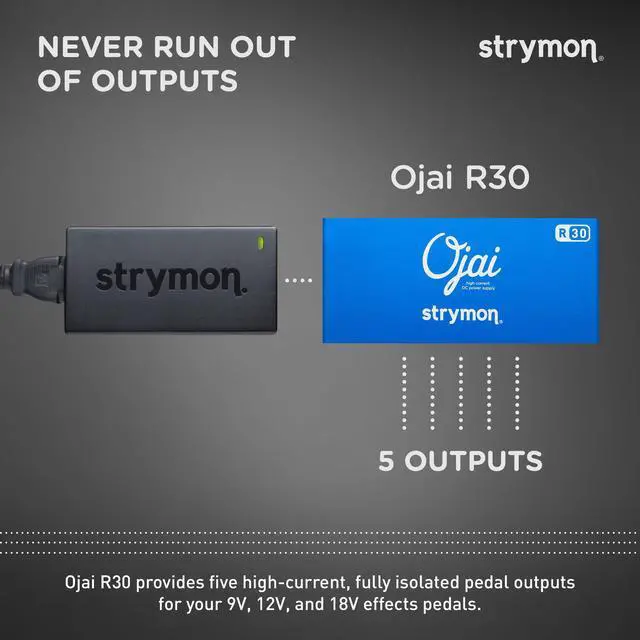 Alt view image 3 of 7 - Ojai R30 5-Output High Current Low-Profile Guitar Pedal Power Supply | 5 Fully Isolated Outputs, 3×9v/500ma, 2×selectable 9/12/18v. Includes 5 Cables, Ps-124 Adapter, 24V Thru