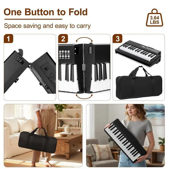 Alt view image 2 of 7 - Electronic Piano Keyboard,Foldable 61 Key Digital Pianos with Power Adapter,Sheet Music Stand,Sticker,Bag,Gift for Beginners,Black