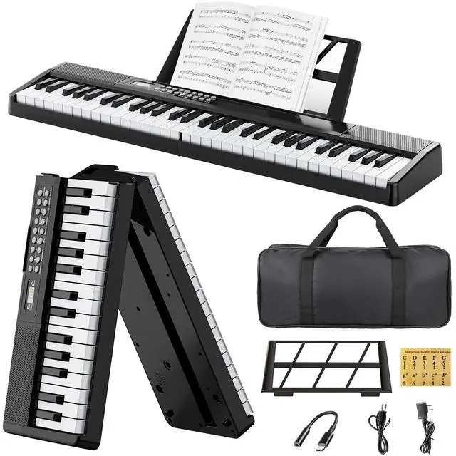 Main image of Electronic Piano Keyboard,Foldable 61 Key Digital Pianos with Power Adapter,Sheet Music Stand,Sticker,Bag,Gift for Beginners,Black