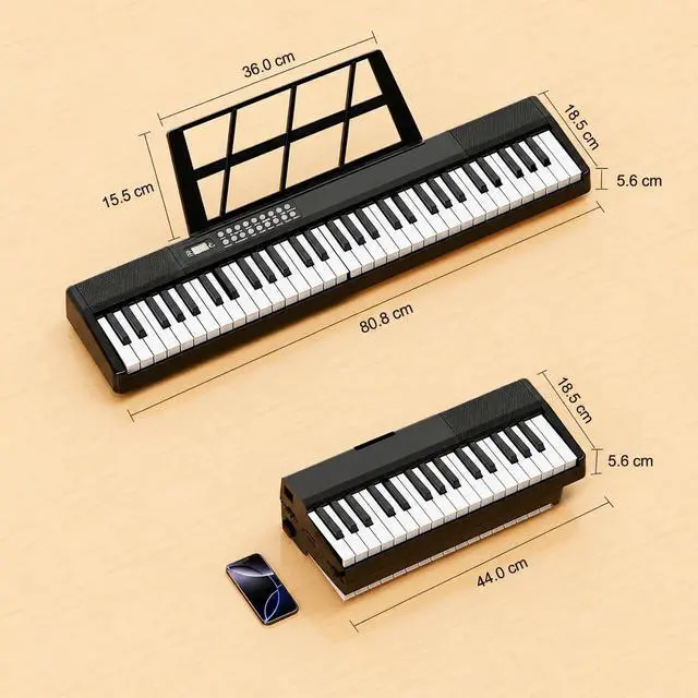 Alt view image 3 of 7 - Electronic Piano Keyboard,Foldable 61 Key Digital Pianos with Power Adapter,Sheet Music Stand,Sticker,Bag,Gift for Beginners,Black