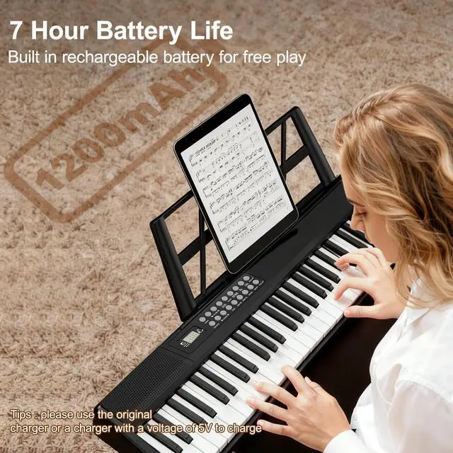 Alt view image 4 of 7 - Electronic Piano Keyboard,Foldable 61 Key Digital Pianos with Power Adapter,Sheet Music Stand,Sticker,Bag,Gift for Beginners,Black