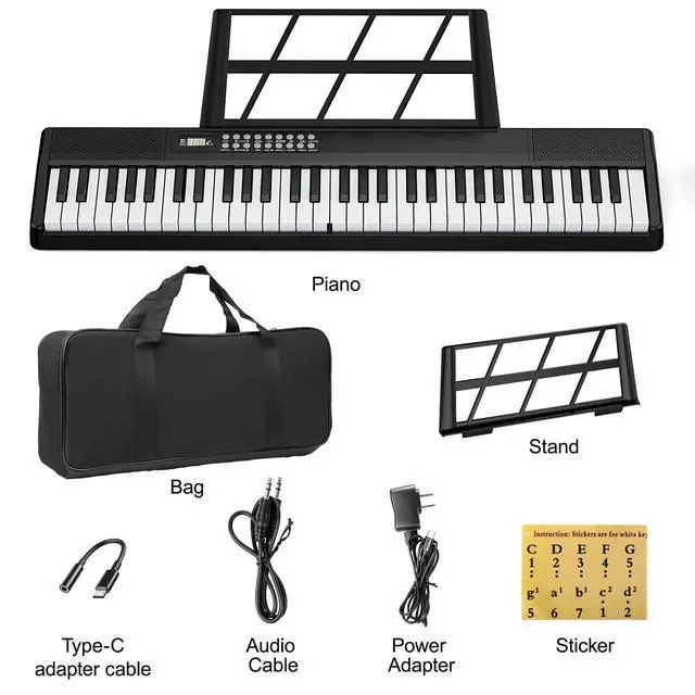 Alt view image 7 of 7 - Electronic Piano Keyboard,Foldable 61 Key Digital Pianos with Power Adapter,Sheet Music Stand,Sticker,Bag,Gift for Beginners,Black
