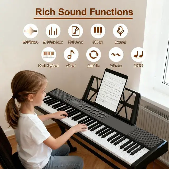 Alt view image 5 of 7 - Electronic Piano Keyboard,Foldable 61 Key Digital Pianos with Power Adapter,Sheet Music Stand,Sticker,Bag,Gift for Beginners,Black