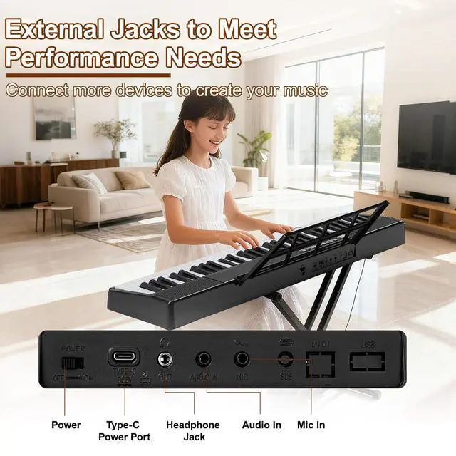 Alt view image 6 of 7 - Electronic Piano Keyboard,Foldable 61 Key Digital Pianos with Power Adapter,Sheet Music Stand,Sticker,Bag,Gift for Beginners,Black