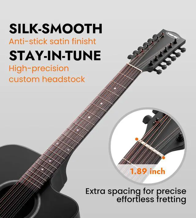 Alt view image 2 of 7 - 12 String Acoustic Electric Guitar for All Players, Black | 42" Full Size, Rich 12-String Tone, Spruce Top & Mahogany Body, Built-In EQ/Tuner, Matte Finish for Stage & Home Playing
