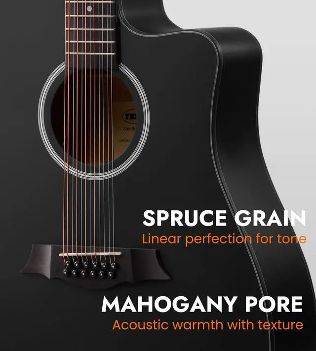 Alt view image 4 of 7 - 12 String Acoustic Electric Guitar for All Players, Black | 42" Full Size, Rich 12-String Tone, Spruce Top & Mahogany Body, Built-In EQ/Tuner, Matte Finish for Stage & Home Playing