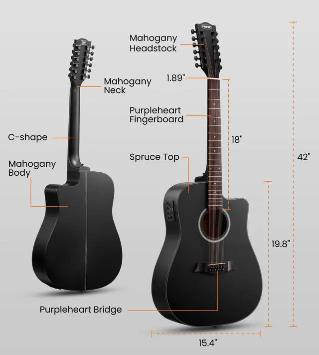 Alt view image 6 of 7 - 12 String Acoustic Electric Guitar for All Players, Black | 42" Full Size, Rich 12-String Tone, Spruce Top & Mahogany Body, Built-In EQ/Tuner, Matte Finish for Stage & Home Playing