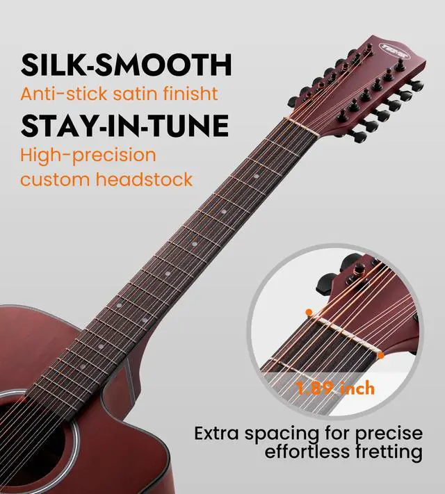 Alt view image 2 of 7 - 12 String Acoustic Electric Guitar for All Players, Natural | 42" Full Size, Rich 12-String Tone, Spruce Top & Mahogany Body, Built-In EQ/Tuner, Matte Finish for Stage & Home Playing