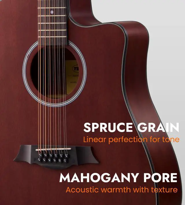 Alt view image 4 of 7 - 12 String Acoustic Electric Guitar for All Players, Natural | 42" Full Size, Rich 12-String Tone, Spruce Top & Mahogany Body, Built-In EQ/Tuner, Matte Finish for Stage & Home Playing