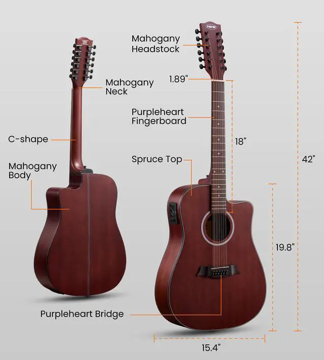 Alt view image 7 of 7 - 12 String Acoustic Electric Guitar for All Players, Natural | 42" Full Size, Rich 12-String Tone, Spruce Top & Mahogany Body, Built-In EQ/Tuner, Matte Finish for Stage & Home Playing