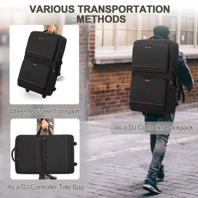 Alt view image 6 of 7 - DJ Controller Bag Backpack with Wheel Compatible with Pioneer Mixer | Padded Wheeled DJ Carrying Case Bag with Accessory Pocket Fits for Pioneer XDJ RX2/XDJ RX3/XDJ-RX/DDJ FLX10/DDJ REV7/DDJ 1000