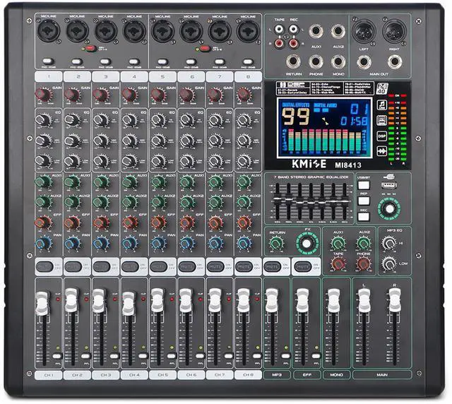 Main image of Audio Mixer 8 Channel with MP3 Player 99 DSP Digital DJ Mixer and Effect 7 Band EQ Output 48V Phantom Power Source USB Recording BT USB for Streaming Karaoke Party Stage