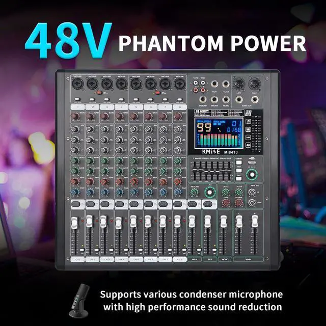 Alt view image 2 of 7 - Audio Mixer 8 Channel with MP3 Player 99 DSP Digital DJ Mixer and Effect 7 Band EQ Output 48V Phantom Power Source USB Recording BT USB for Streaming Karaoke Party Stage