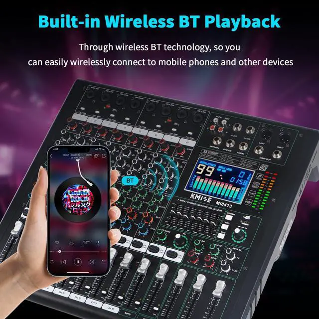 Alt view image 3 of 7 - Audio Mixer 8 Channel with MP3 Player 99 DSP Digital DJ Mixer and Effect 7 Band EQ Output 48V Phantom Power Source USB Recording BT USB for Streaming Karaoke Party Stage