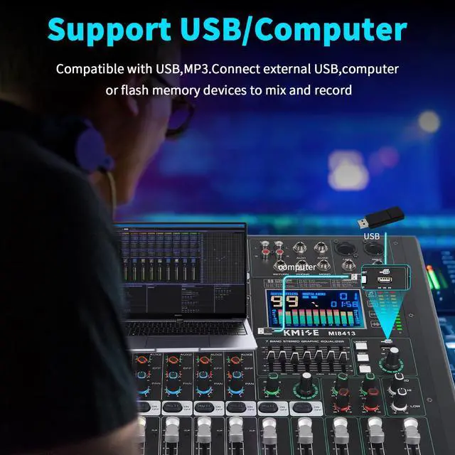 Alt view image 4 of 7 - Audio Mixer 8 Channel with MP3 Player 99 DSP Digital DJ Mixer and Effect 7 Band EQ Output 48V Phantom Power Source USB Recording BT USB for Streaming Karaoke Party Stage