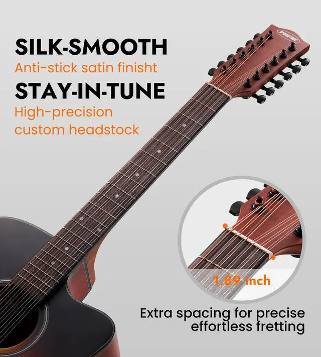 Alt view image 2 of 7 - 12 String Acoustic Electric Guitar for All Players, Sunburst | 42" Full Size, Rich 12-String Tone, Spruce Top & Mahogany Body, Built-In EQ/Tuner, Matte Finish for Stage & Home Playing