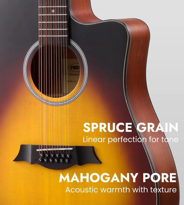 Alt view image 4 of 7 - 12 String Acoustic Electric Guitar for All Players, Sunburst | 42" Full Size, Rich 12-String Tone, Spruce Top & Mahogany Body, Built-In EQ/Tuner, Matte Finish for Stage & Home Playing