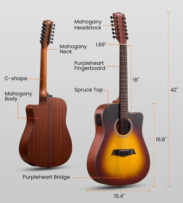 Alt view image 7 of 7 - 12 String Acoustic Electric Guitar for All Players, Sunburst | 42" Full Size, Rich 12-String Tone, Spruce Top & Mahogany Body, Built-In EQ/Tuner, Matte Finish for Stage & Home Playing
