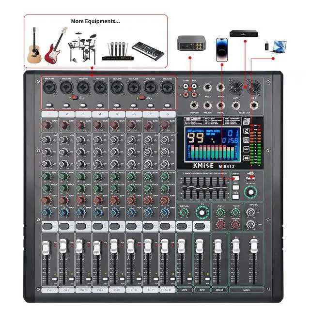 Alt view image 5 of 7 - Audio Mixer 8 Channel with MP3 Player 99 DSP Digital DJ Mixer and Effect 7 Band EQ Output 48V Phantom Power Source USB Recording BT USB for Streaming Karaoke Party Stage