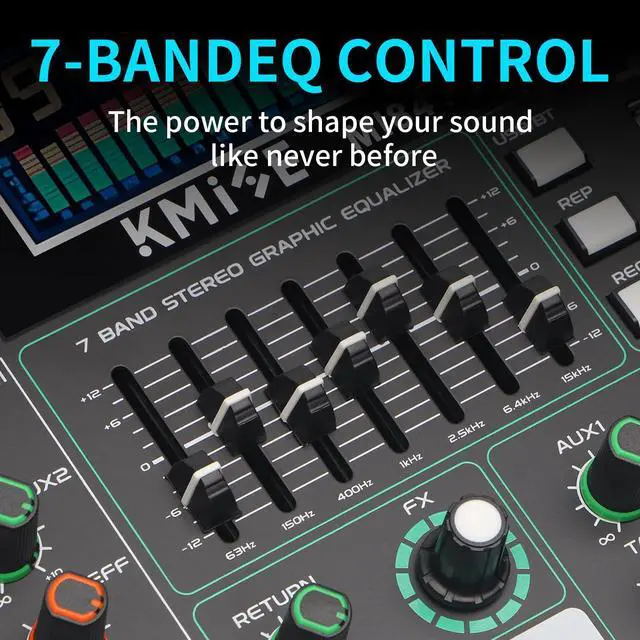 Alt view image 6 of 7 - Audio Mixer 8 Channel with MP3 Player 99 DSP Digital DJ Mixer and Effect 7 Band EQ Output 48V Phantom Power Source USB Recording BT USB for Streaming Karaoke Party Stage