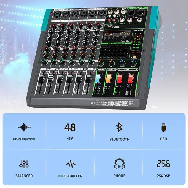 Alt view image 2 of 7 - PA6 professional DJ audio mixer 6 channel input built-in 256 kinds of DPS effects support 48V phantom power USB Bluetooth MP3 computer recording